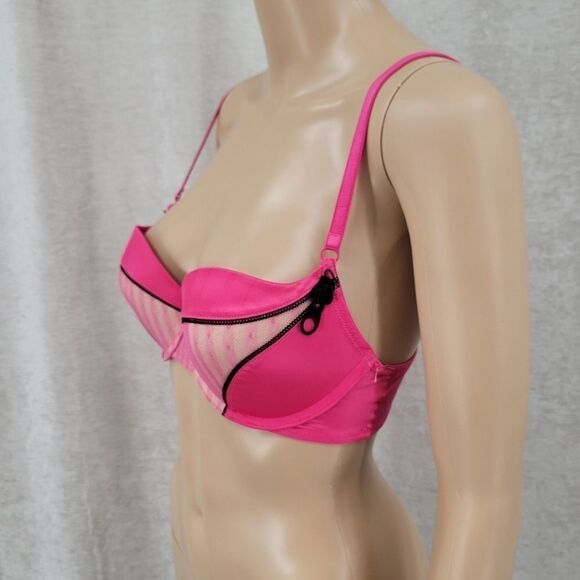 JEZEBEL Y2K Hot Pink Padded Underwire Bra 34C Faux Zipper Cups - Picture 3 of 12